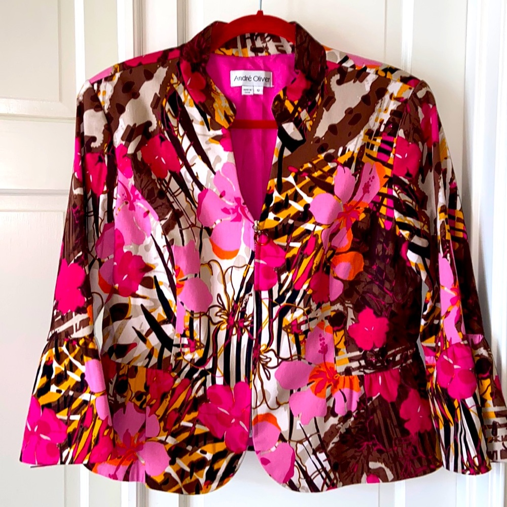 Andre Oliver Floral Peplum Flare Sleeve Jacket